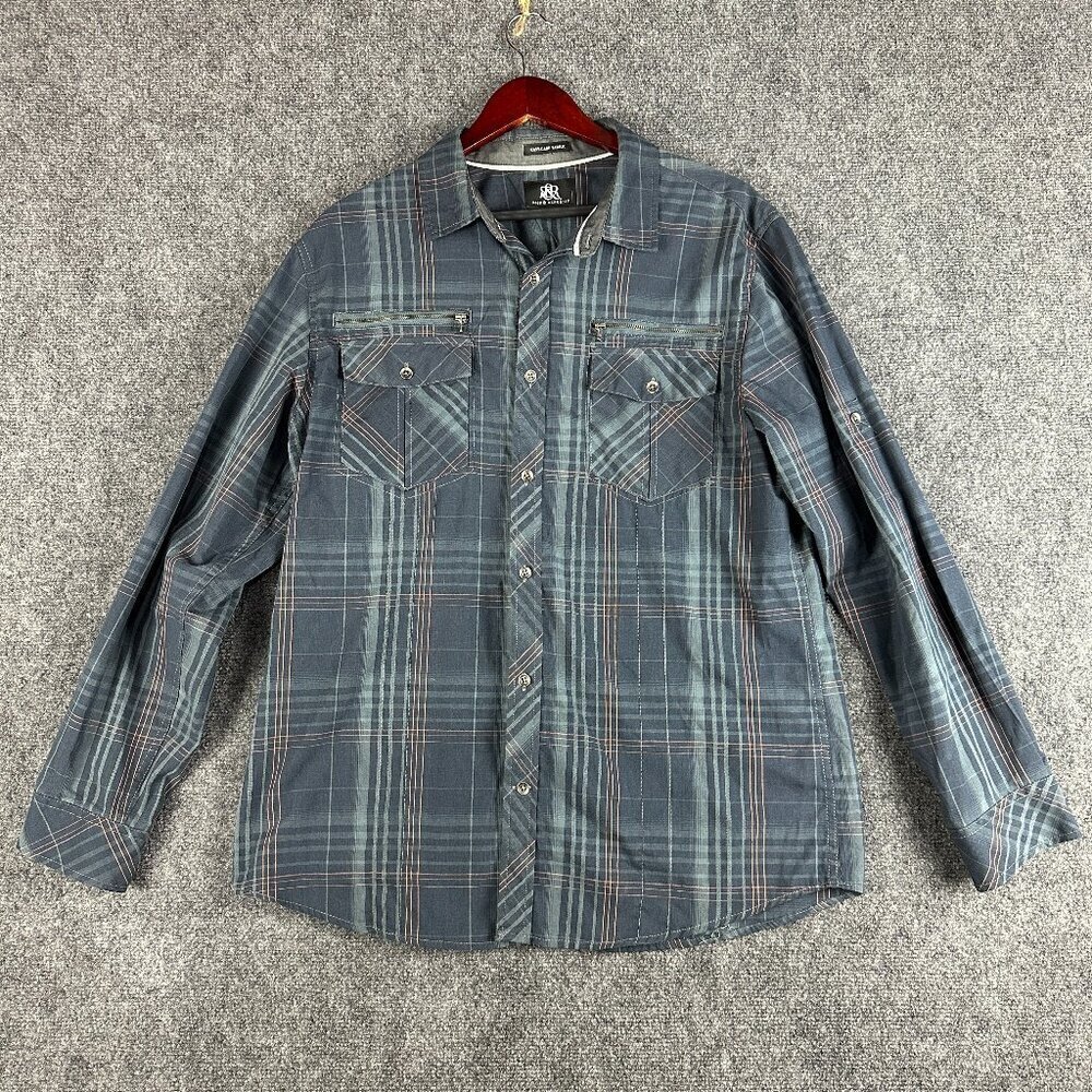 Rock & Republic Shirt Mens Large Button Up Pockets Roll Tab Sleeve Blue Plaid